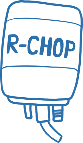 Zeichnung eines Infusionsbeutels auf dem R-CHOP steht