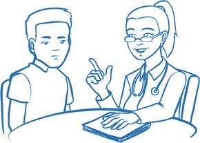 Zeichnung einer Ärztin, die mit einem Patienten spricht