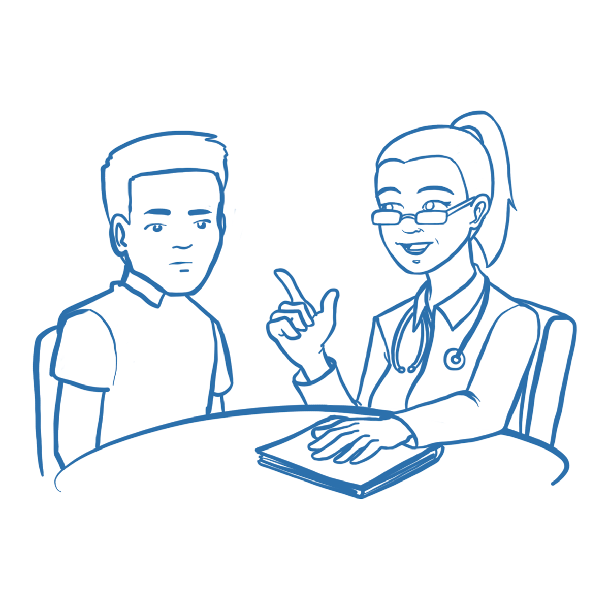 Illustriertes Gespräch zwischen einem Patienten und einer Ärztin