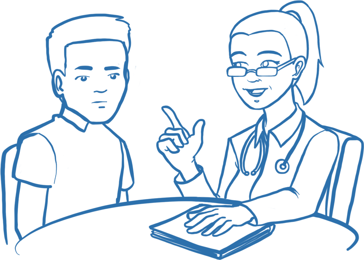 Illustriertes ärztliches Gespräch zwischen einem Patienten (auf der linken Seite) und einer Ärztin (auf der rechten Seite). Beide sitzen am Tisch, auf dem die Ärztin ihre Unterlagen abgelegt hat.