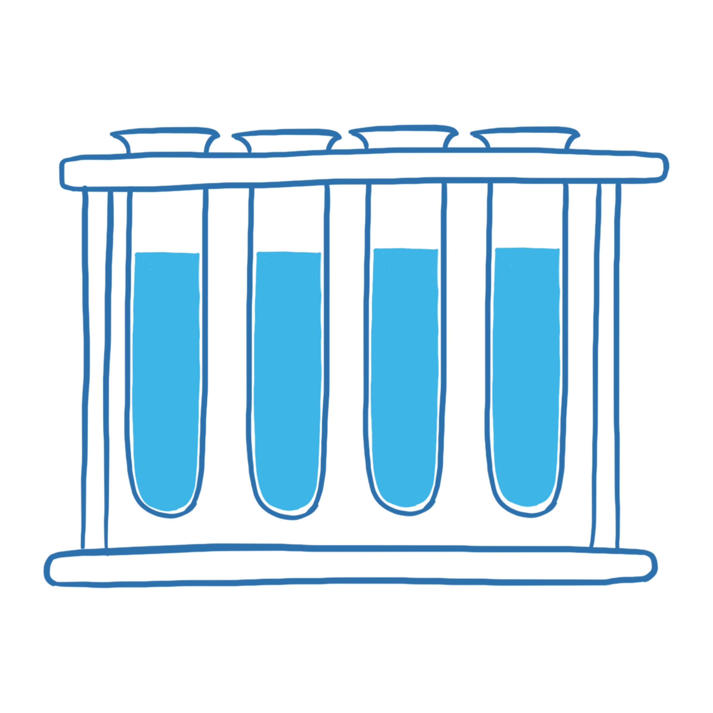 Vier illustrierte Reagenzgläser im Ständer mit einer blauen Flüssigkeit