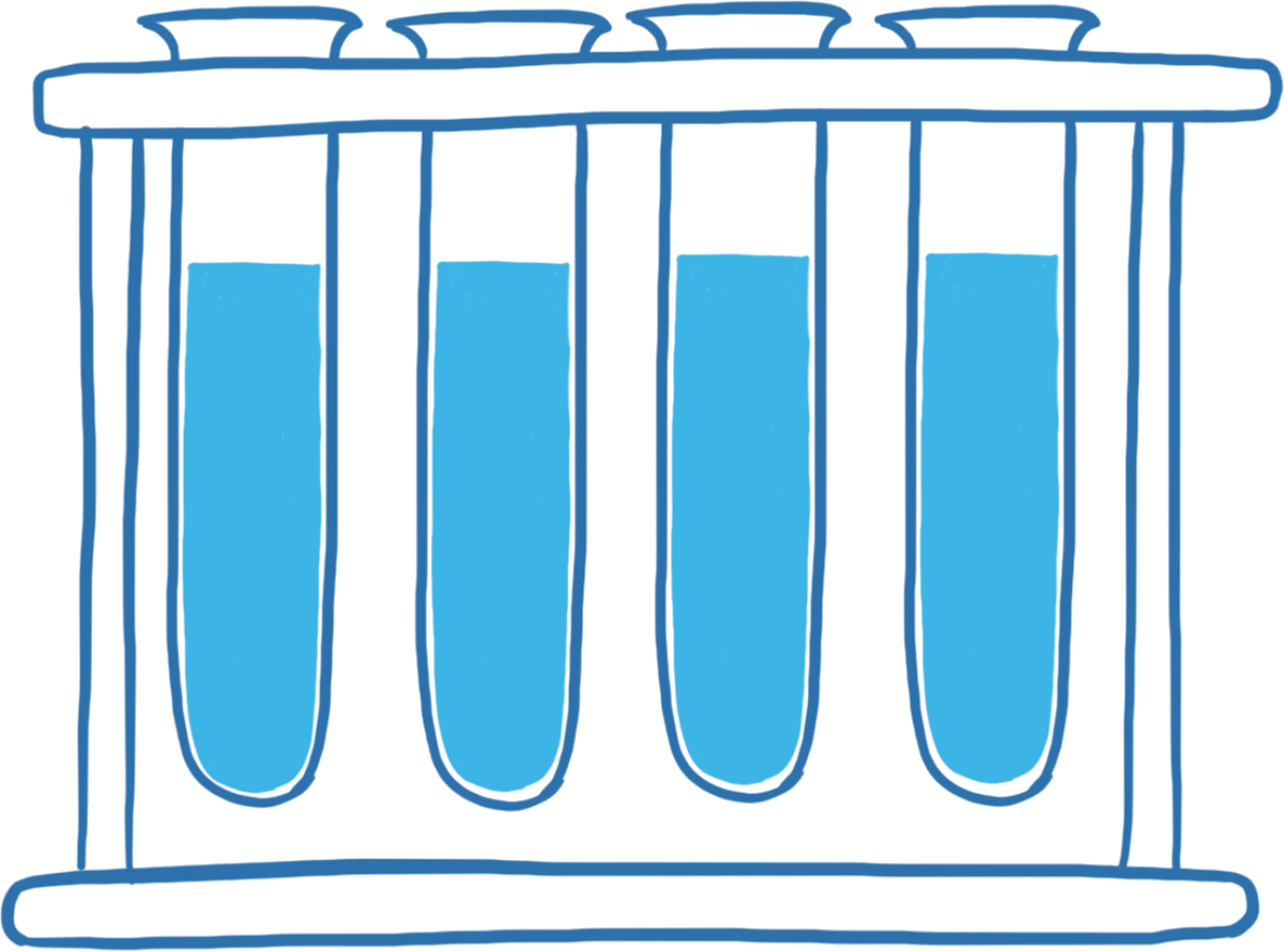 Vier illustrierte Reagenzgläser im Ständer mit einer blauen Flüssigkeit