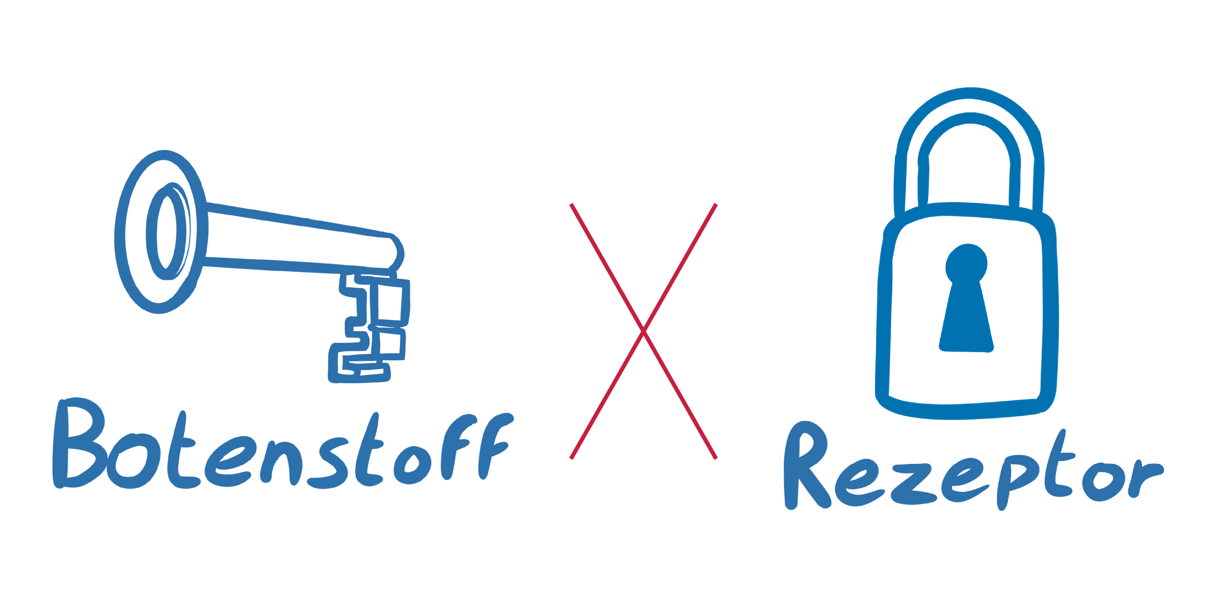 Illustration eines Schlüssels als Symbol für einen Botenstoff und einem Vorhängeschloss als Symbol für den Rezeptor, welche durch ein rotes Kreuz voneinander getrennt sind