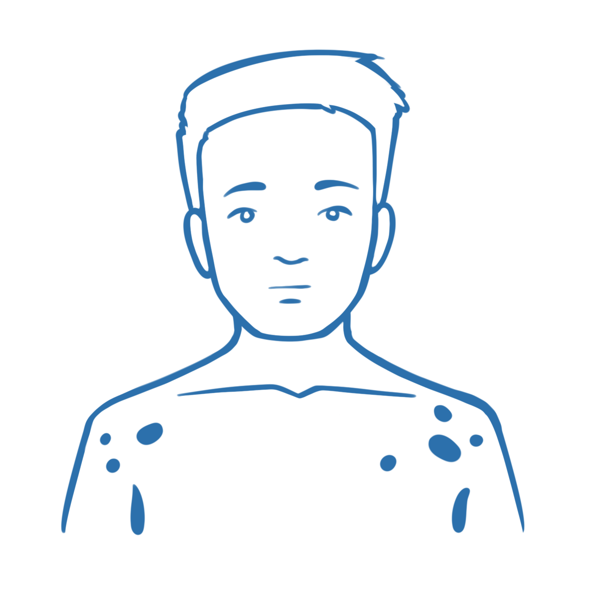 Illustrierter Junge in der Frontansicht mit blauen Flecken auf im Schulterbereich.