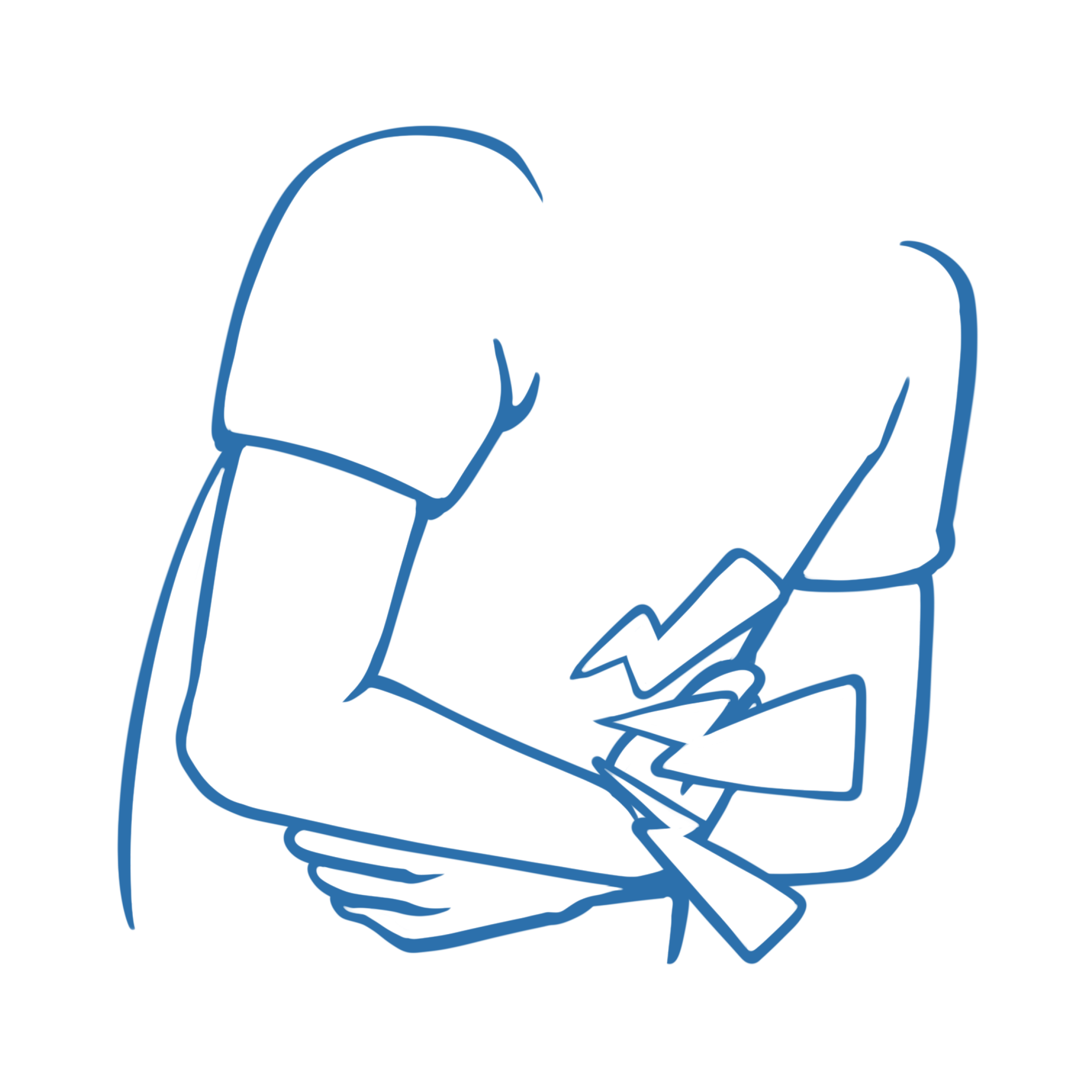 Illustrierter Oberkörper einer Person in gebückter Haltung. Die Person verschränkt auf Bauchhöhe die Arme, die Bauchschmerzen werden über Zickzack-Pfeile dargestellt.